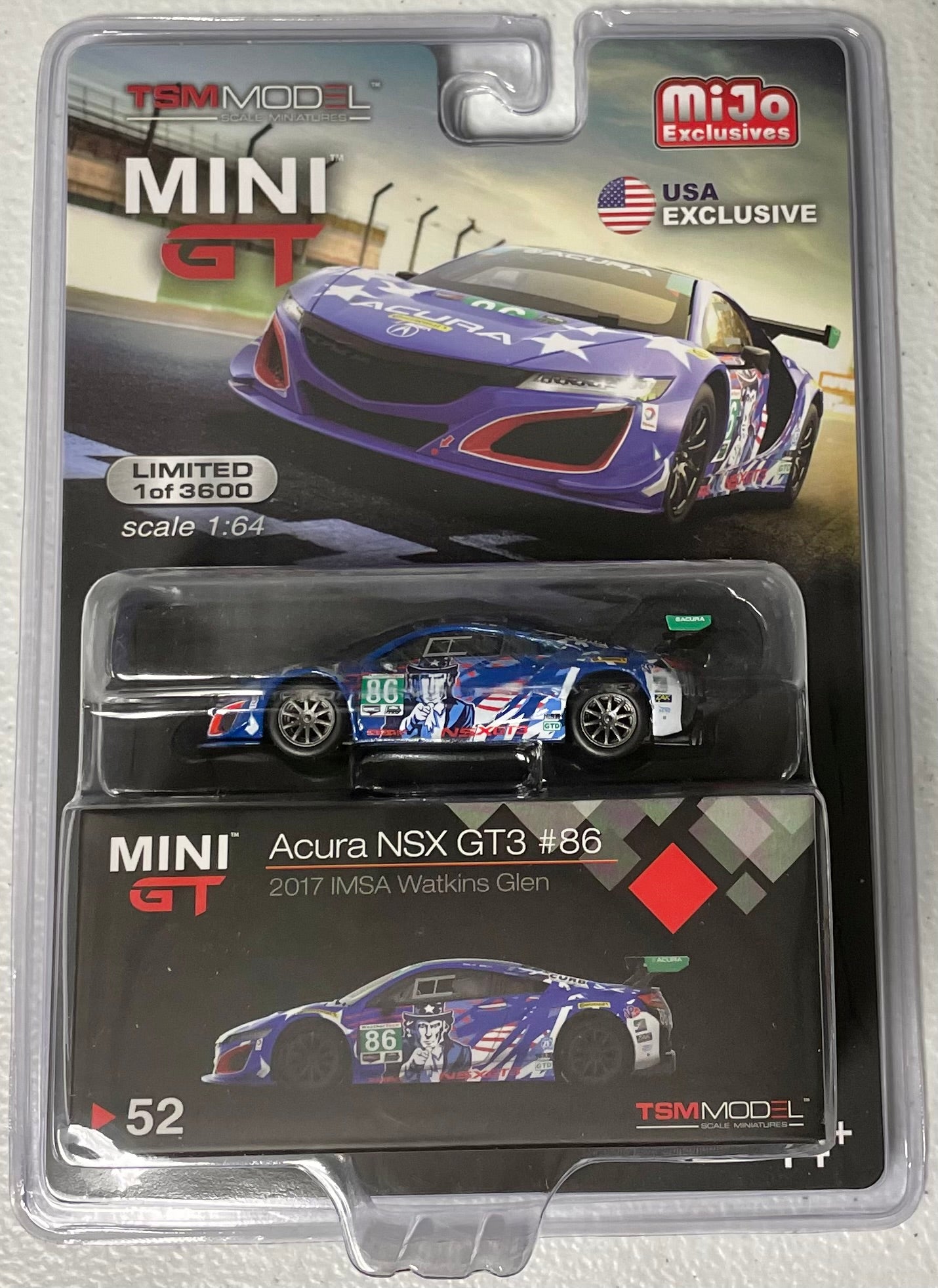 Mini GT 1:64 die cast 2017 Acura NSX GT3 Uncle Sam #86 Race Car